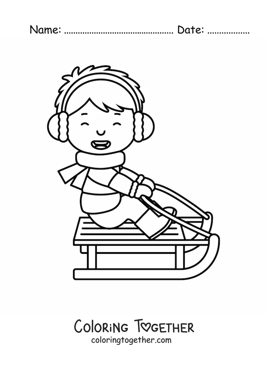Coloring page of a happy child on a sled