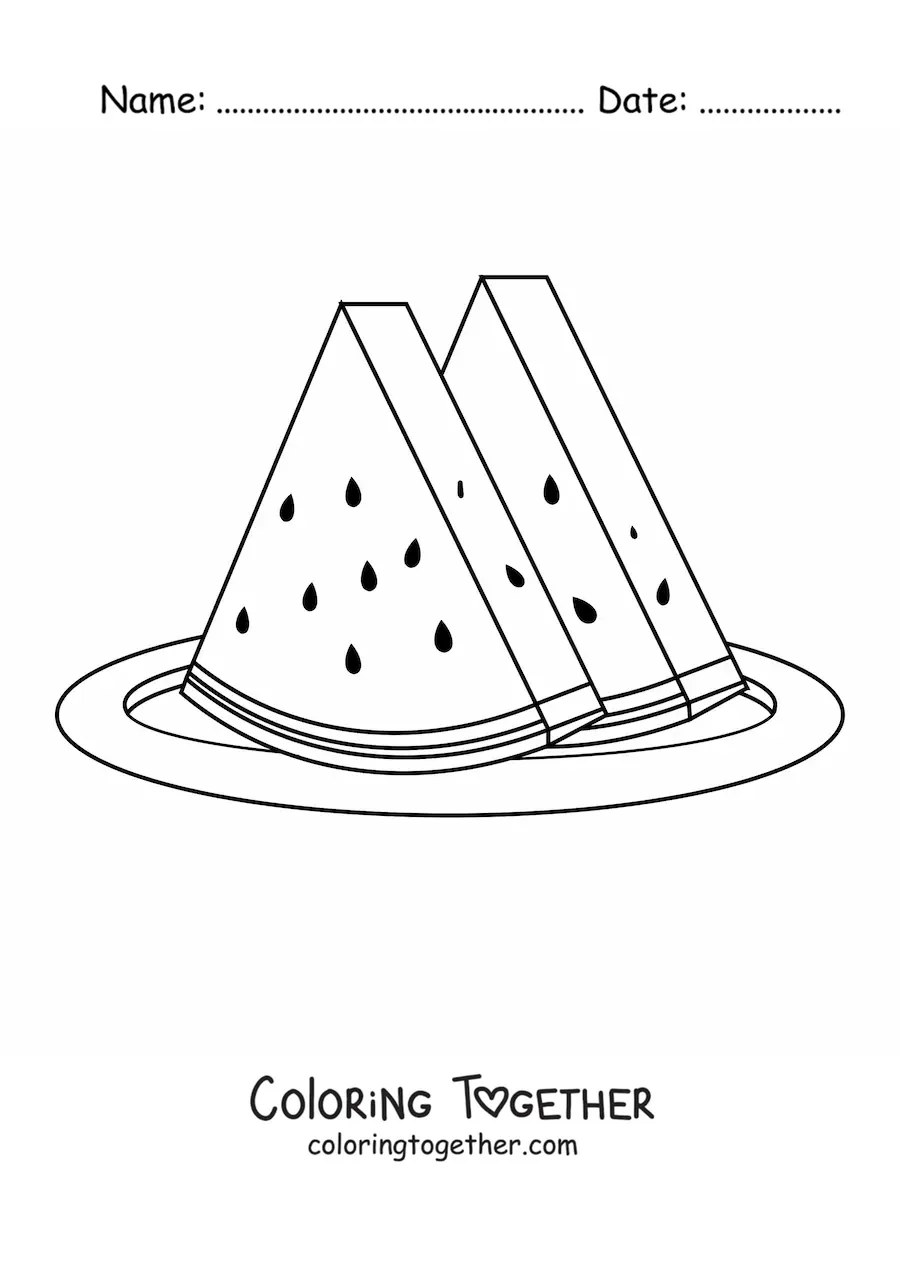 Coloring page of two pieces of watermelon on a plate