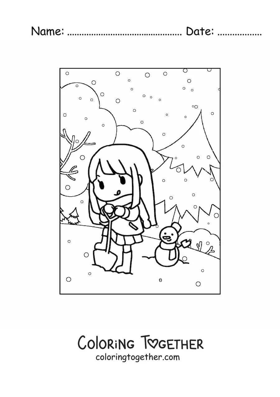 Coloring page of a kawaii girl playing in the snow in winter