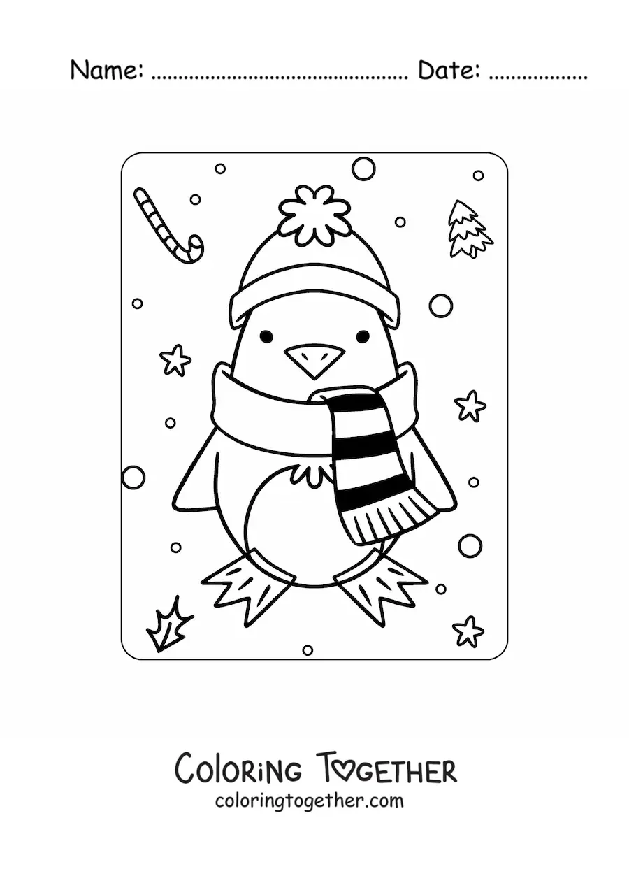 Coloring page of a kawaii penguin with a scarf in winter