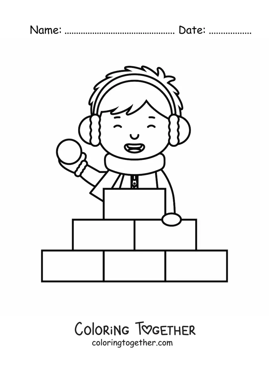 Coloring page of a child with several snow blocks