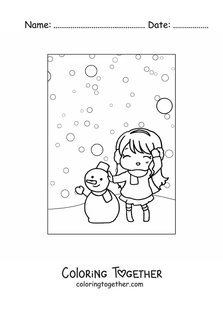 Coloring page of a kawaii girl in a snowfall with a snowman