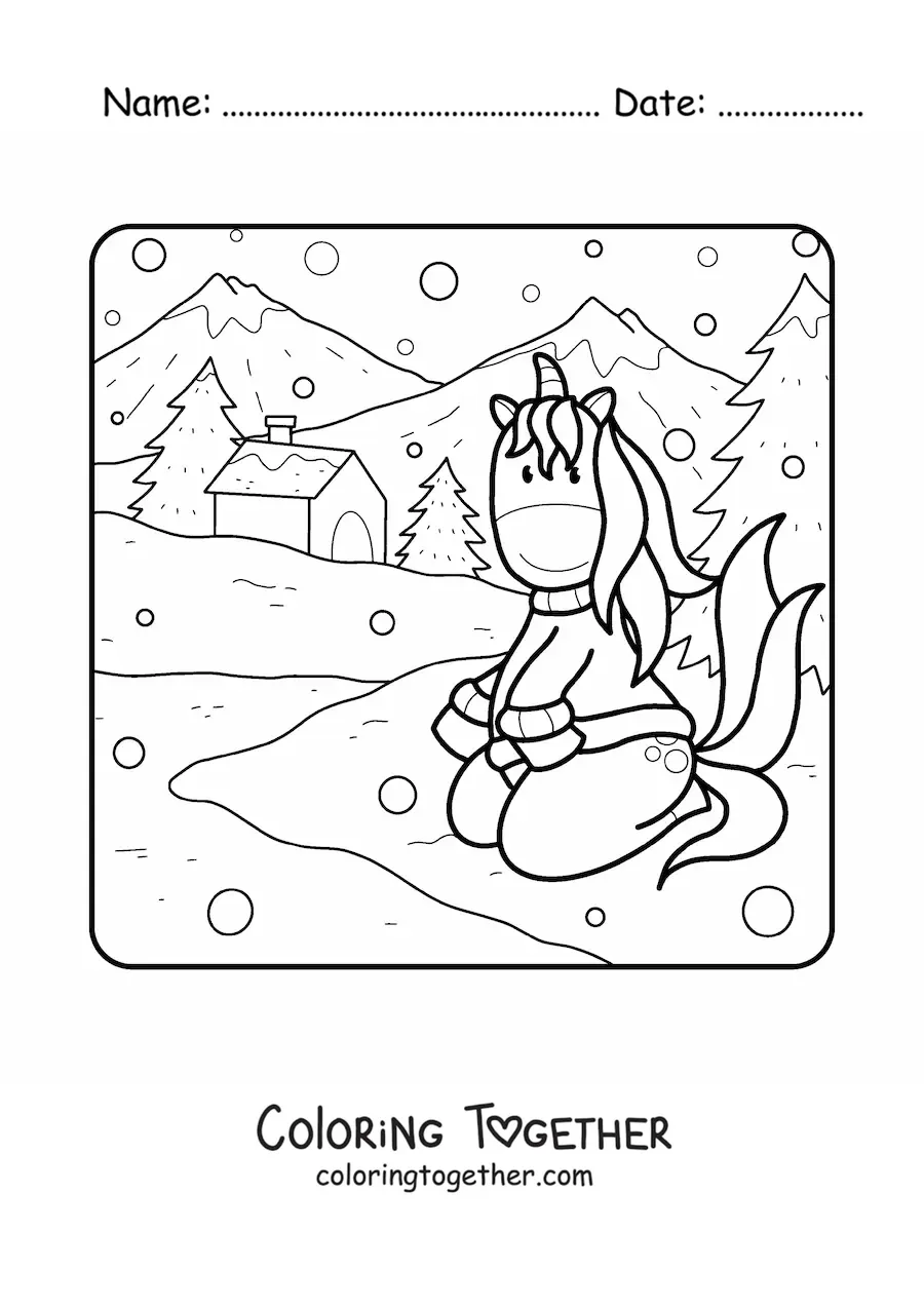 Coloring page of an animated unicorn in a winter landscape