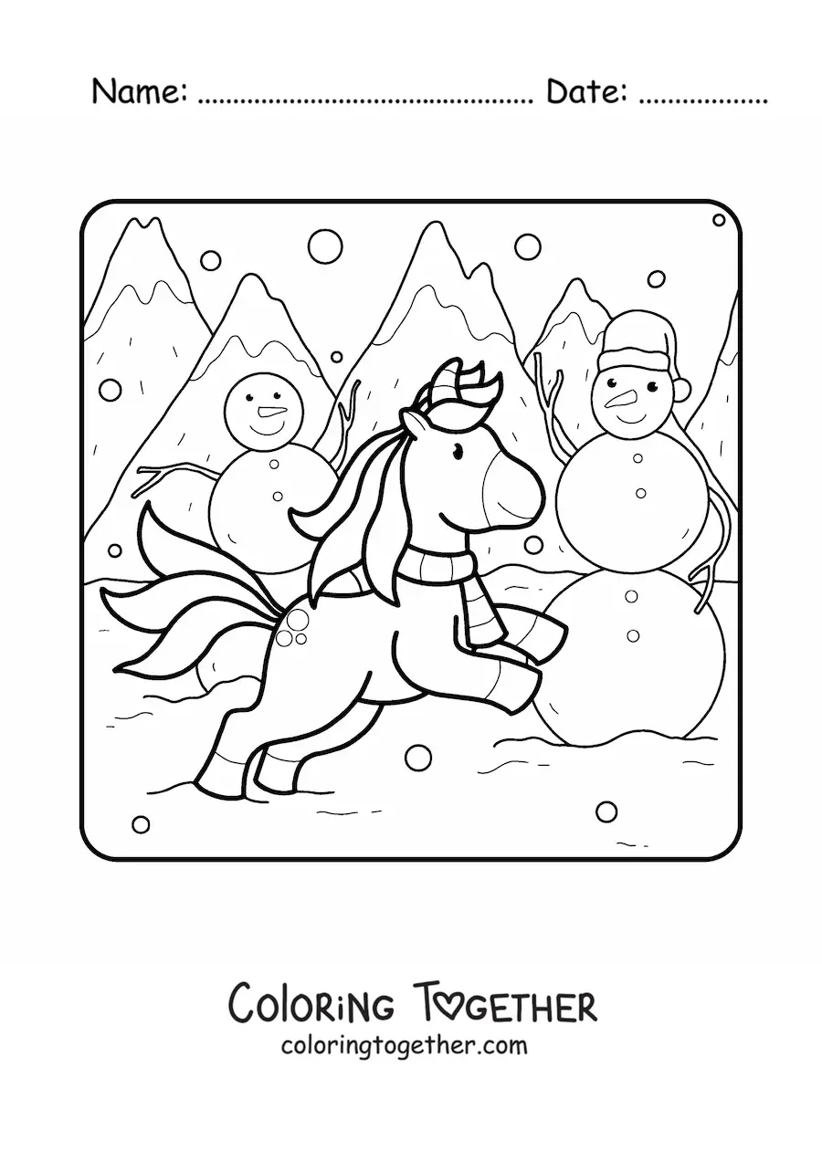 Coloring page of a unicorn next to several snowmen