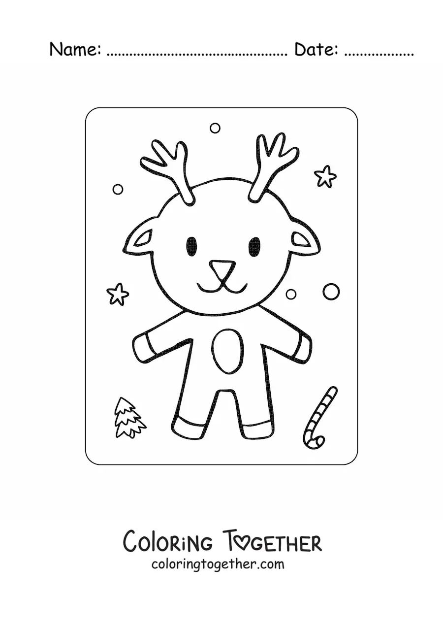Coloring page of a happy animated reindeer in winter