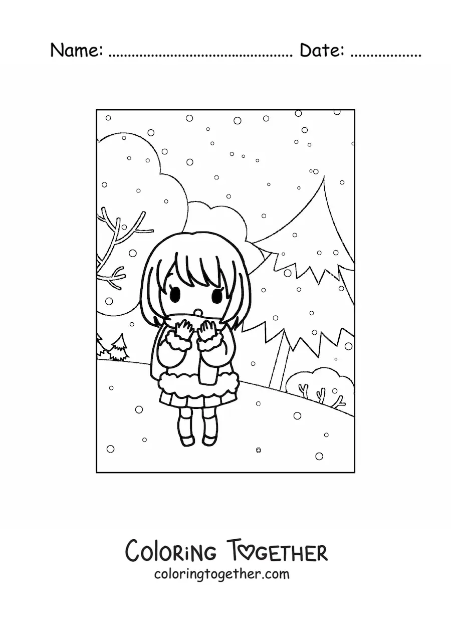 Coloring page of a kawaii girl in a winter landscape