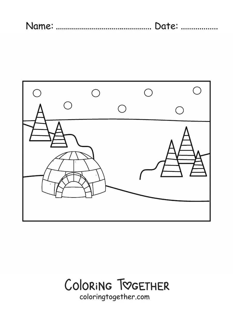 Coloring page of a snowy landscape with an igloo