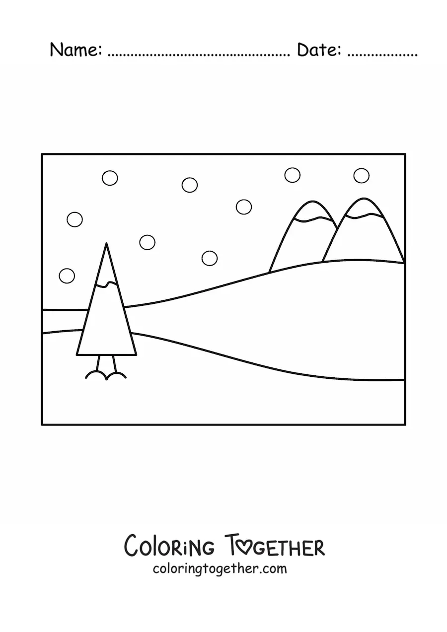 Coloring page of a forest with snowy pine trees