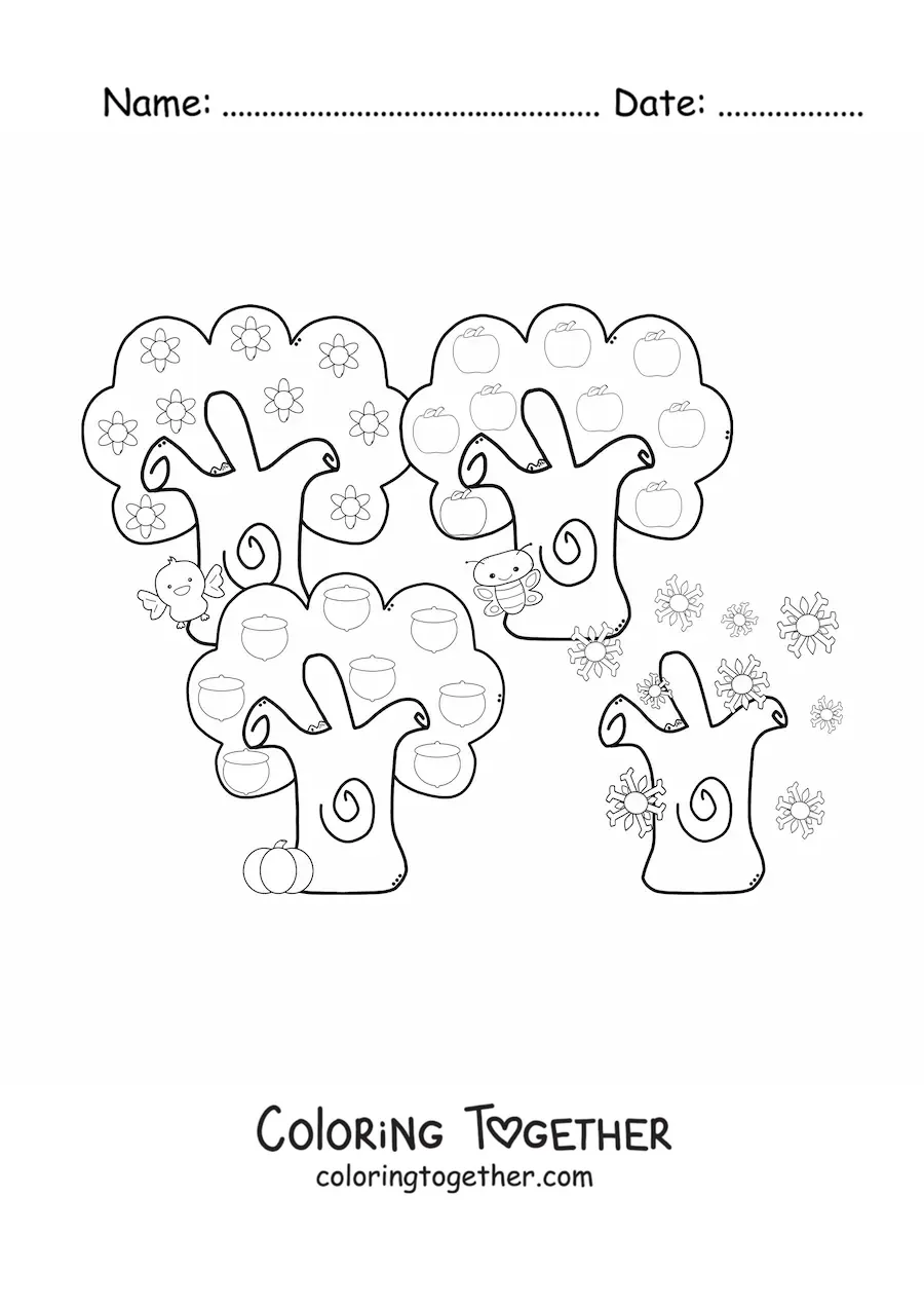 Coloring page of trees through the seasons of the year