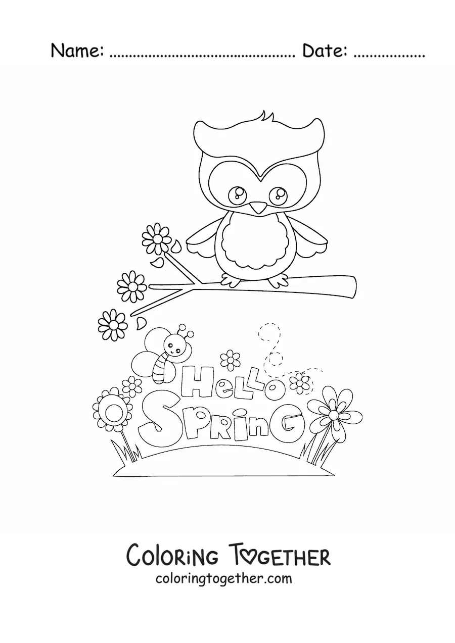 Coloring page of an owl and a bee next to the word spring