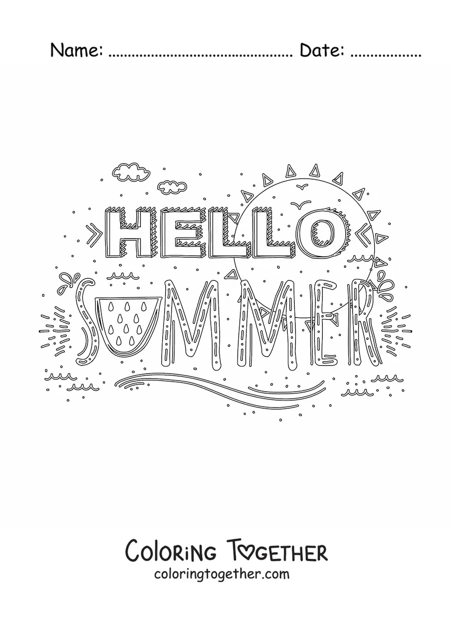 Coloring page of the word summer with summer elements