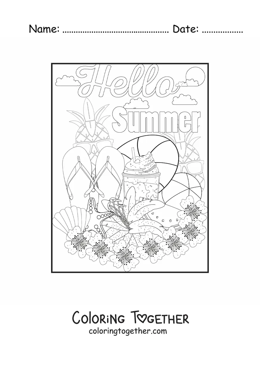 Coloring page of several summer elements and the word summer