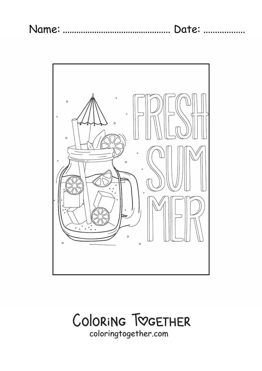 Coloring page of a refreshing drink next to the word summer