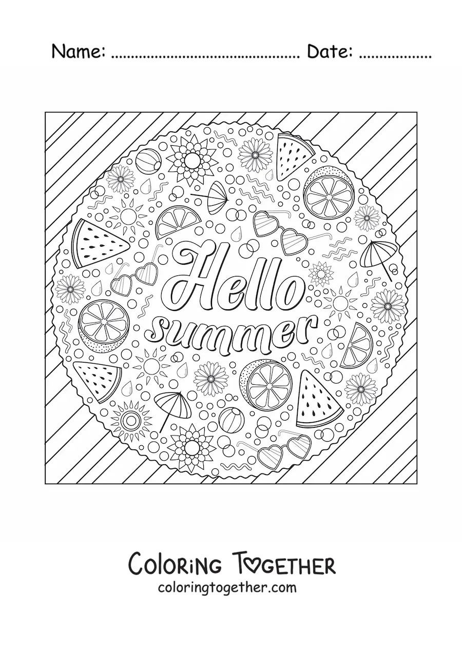 Coloring page of several summer elements next to the word summer