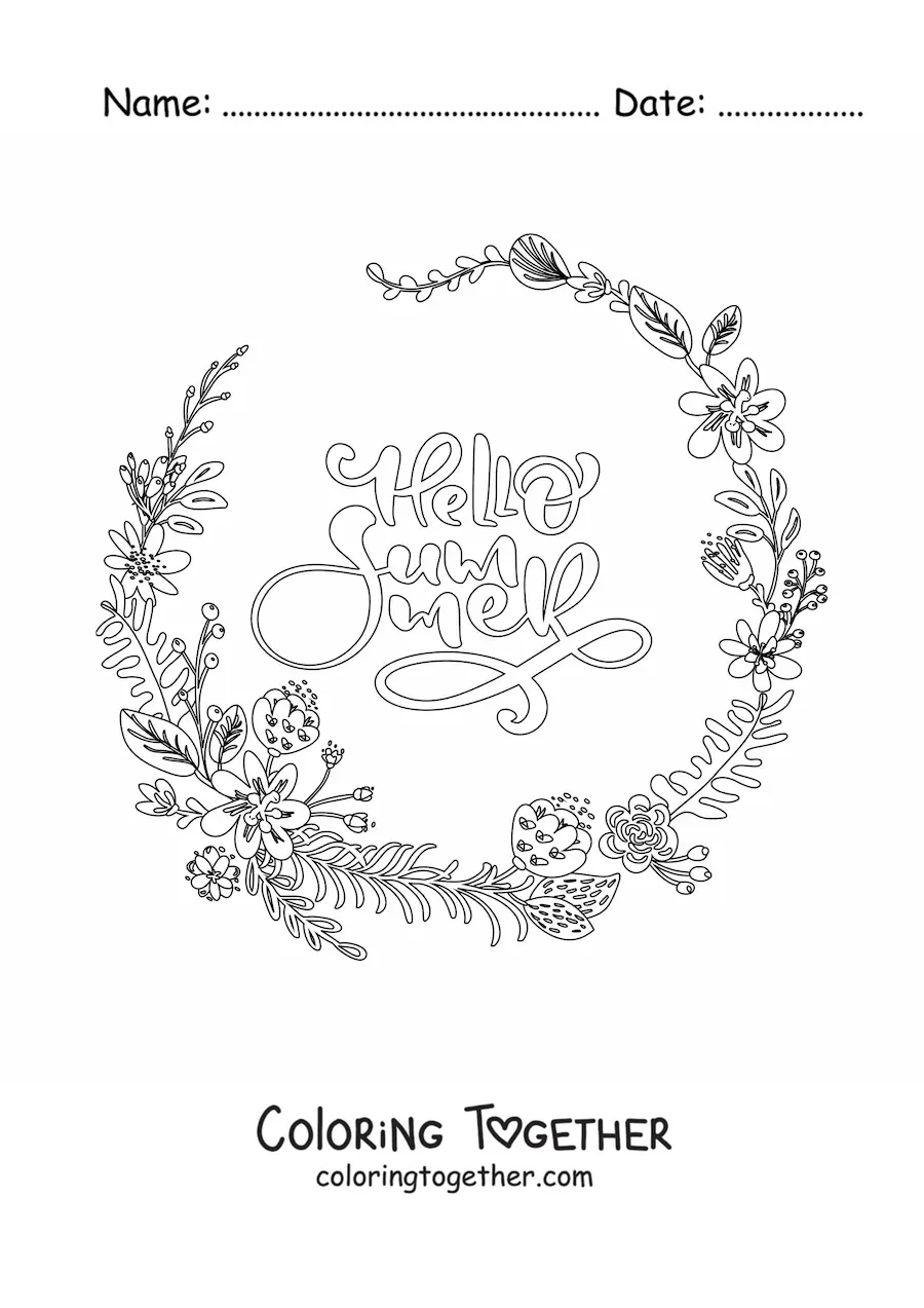 Coloring page of a ring of tropical flowers with the word summer
