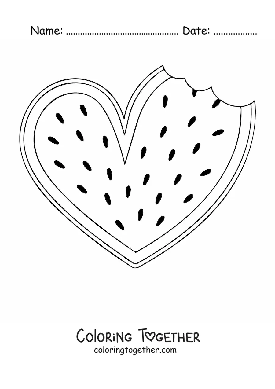 Coloring page of a heart-shaped watermelon with a bite taken out of one side