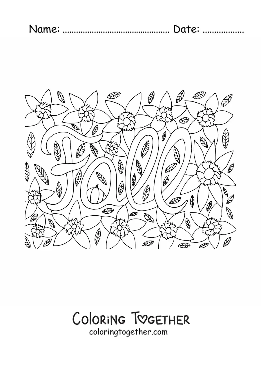 Coloring page of the word fall surrounded by flowers and leaves