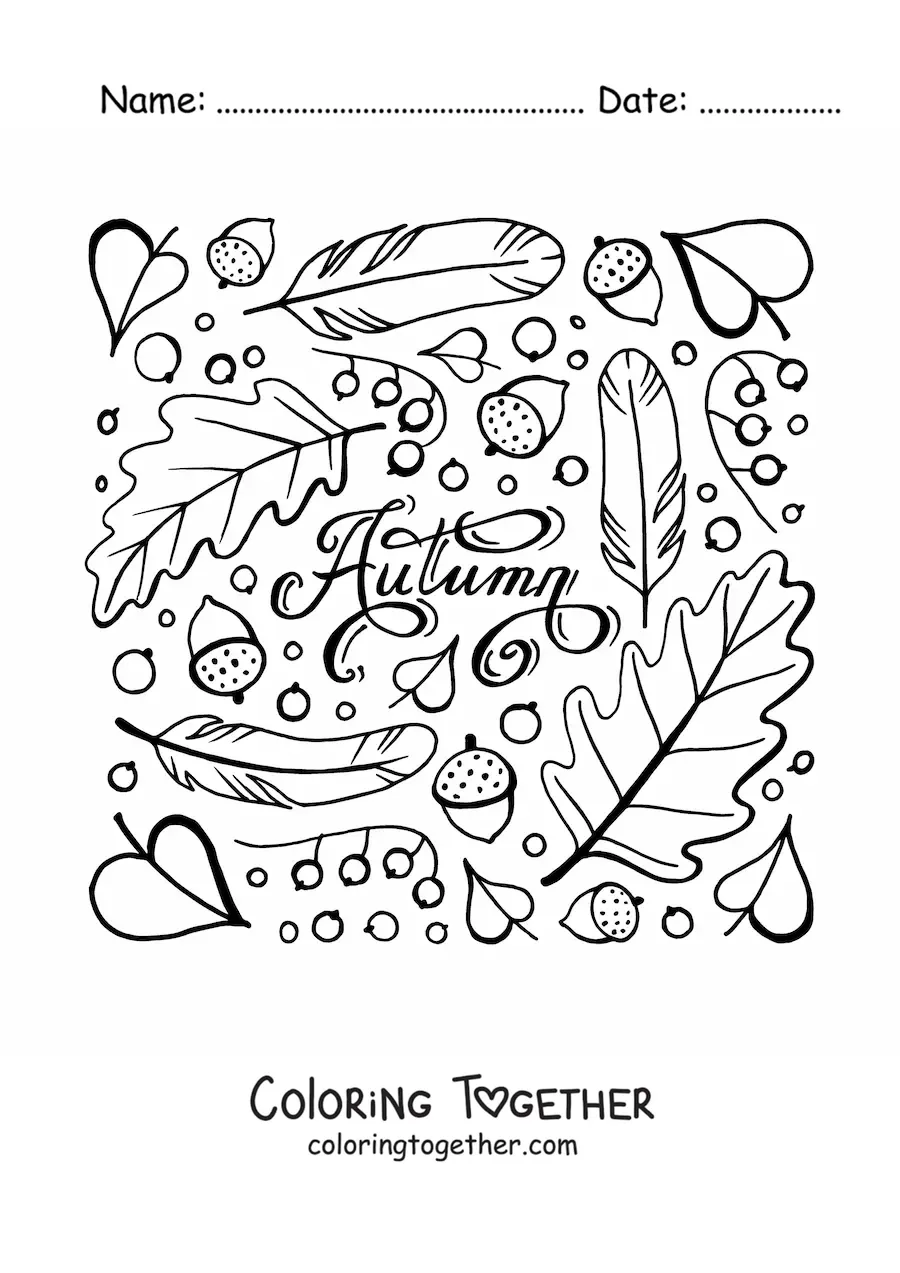 Coloring page of the word autumn surrounded by dry leaves