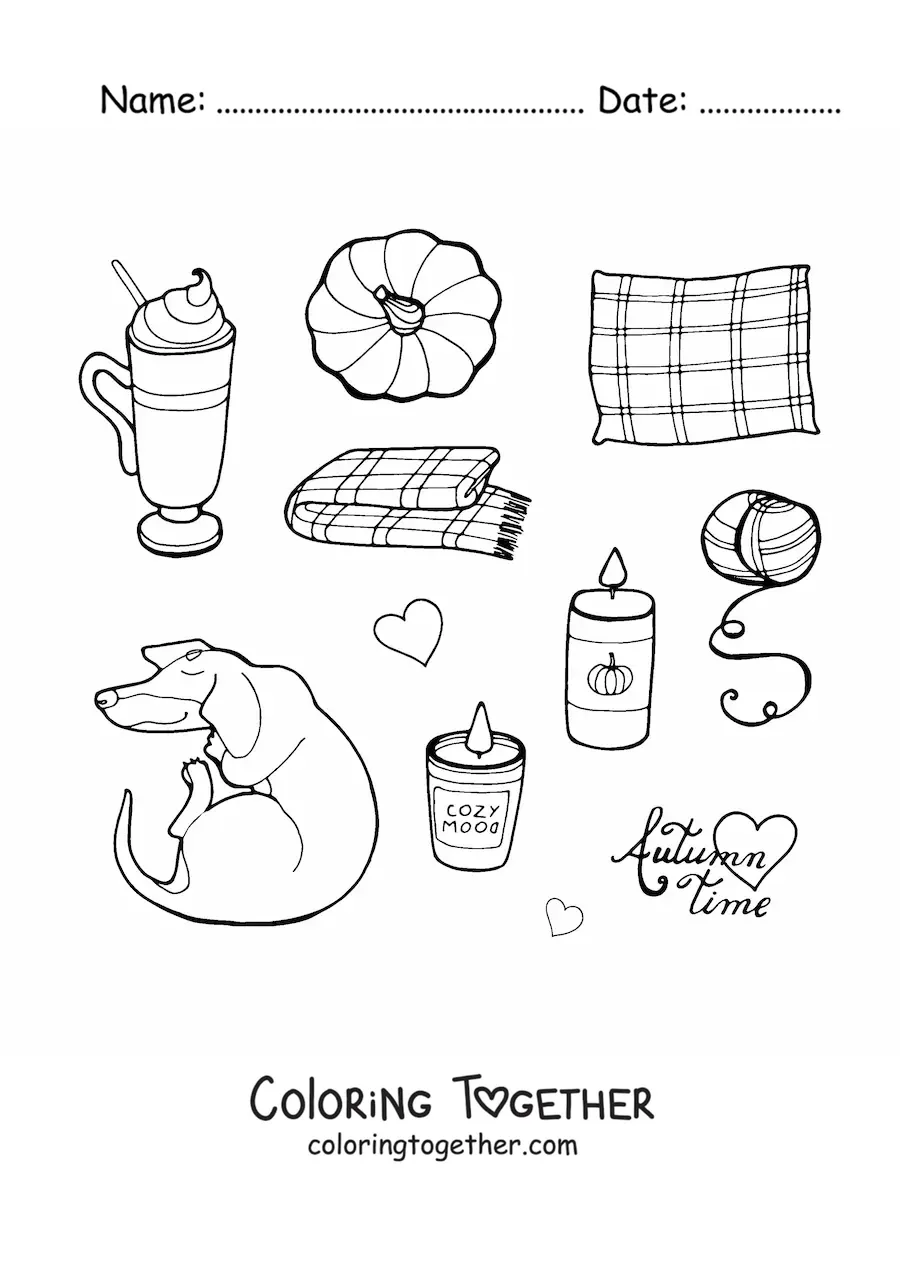 Coloring page of several autumn elements and the word autumn