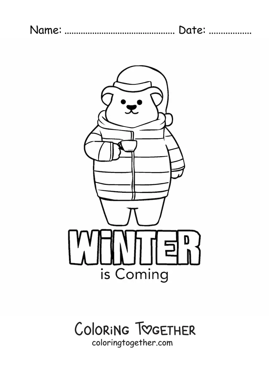 Coloring page of an animated bundled-up bear and the word winter