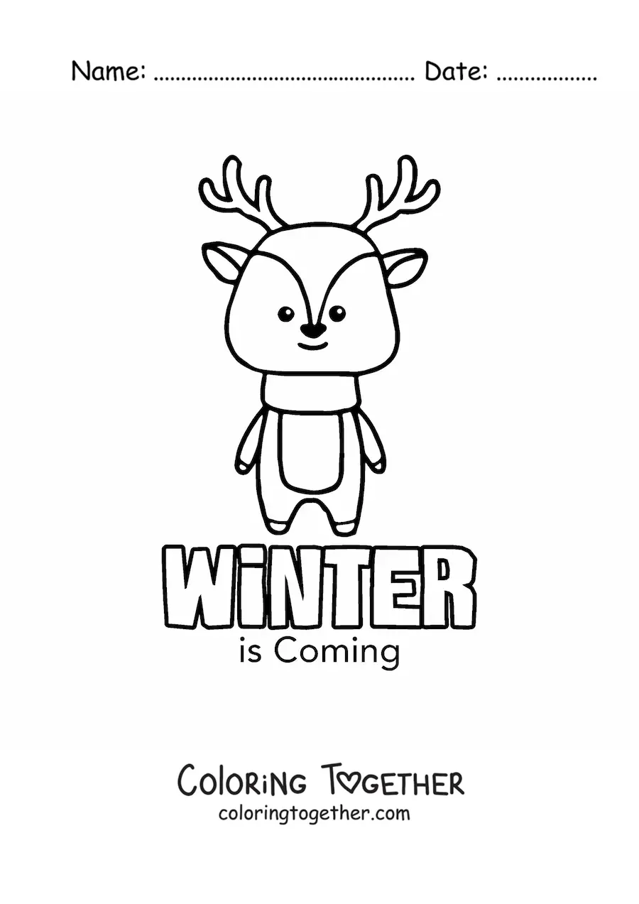 Coloring page of an animated reindeer and the word winter