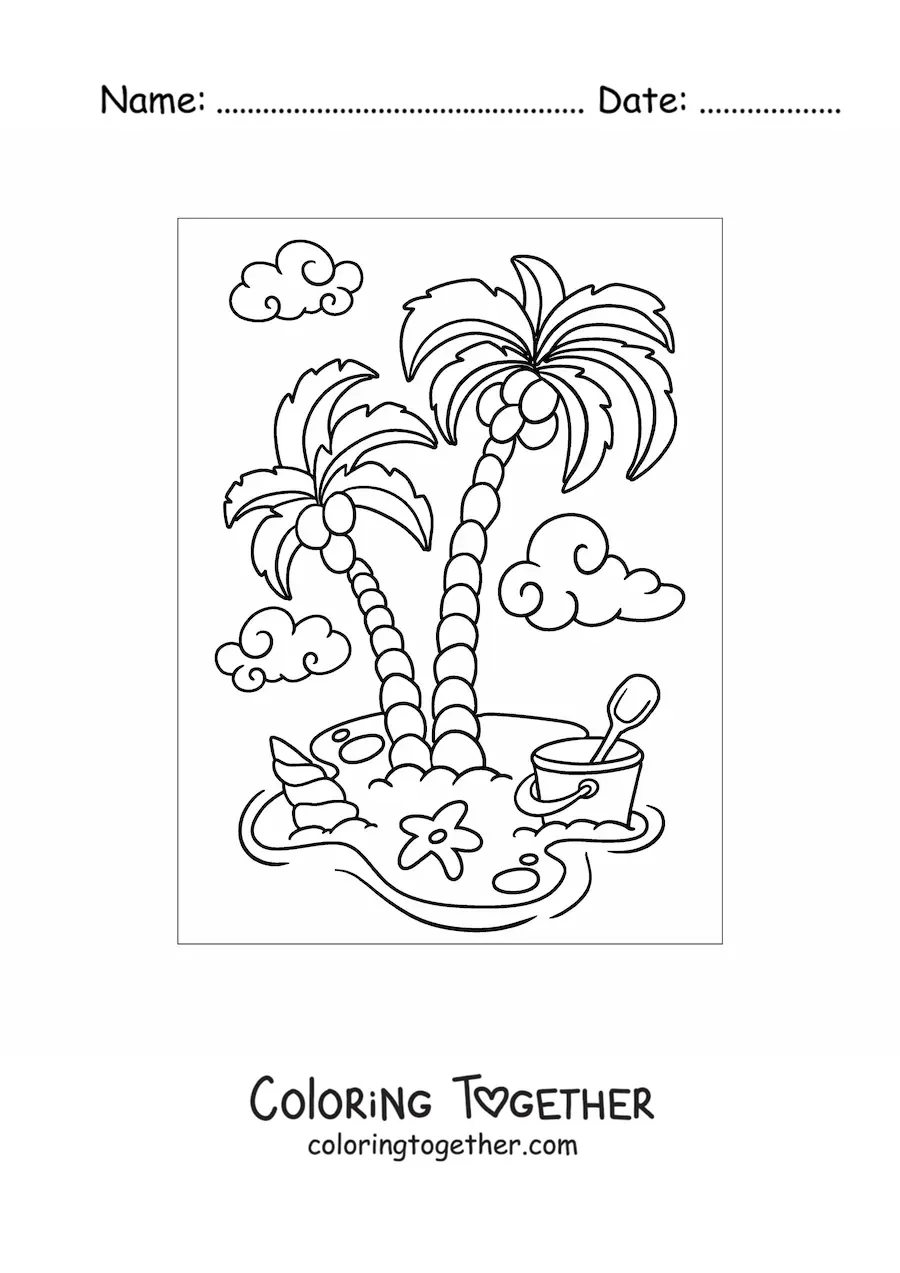 Coloring page of a beach with palm trees