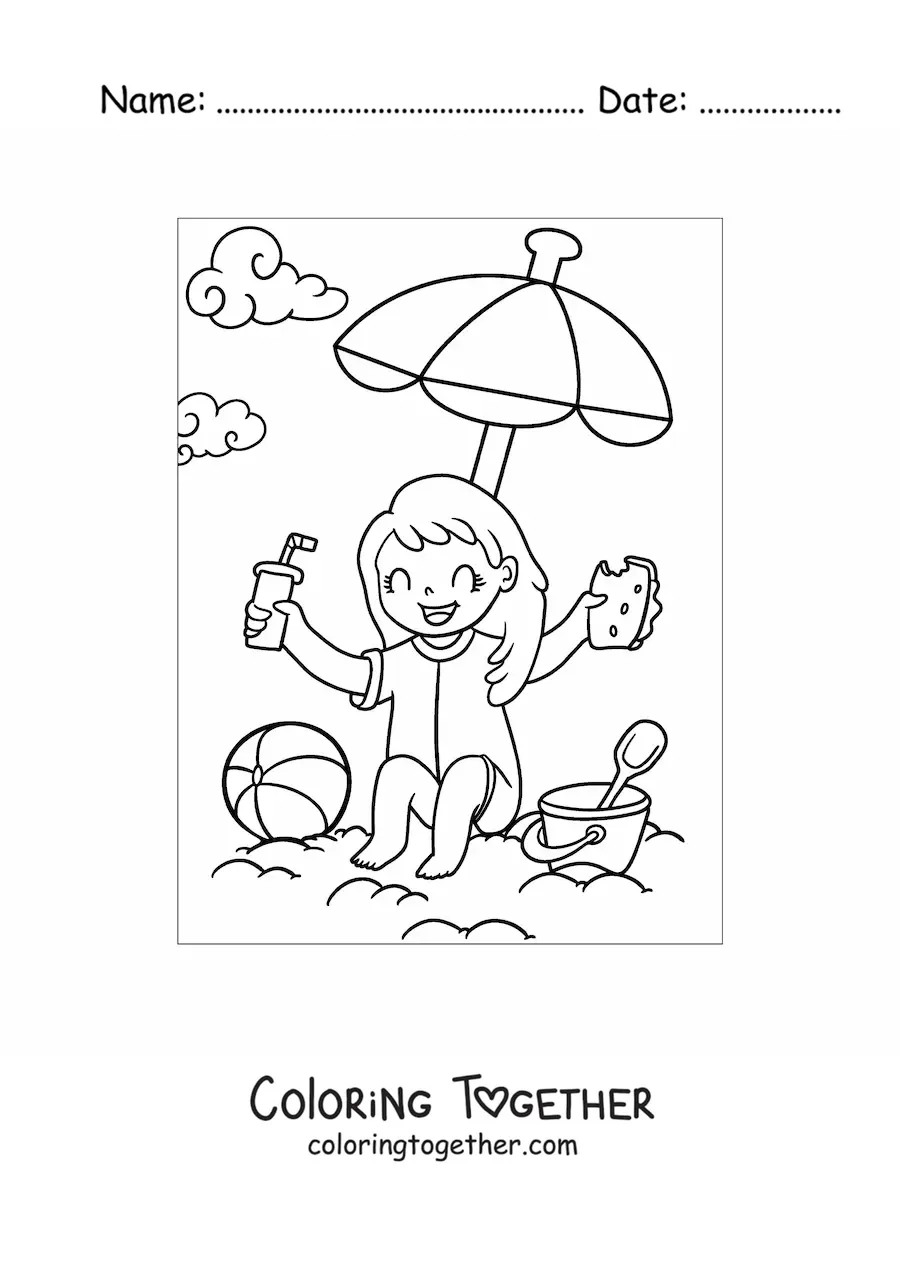 Coloring page of a girl on the beach with a snack and toys