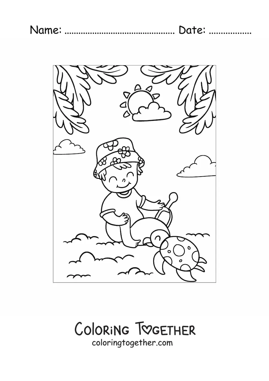 Coloring page of a boy playing with a turtle on the beach