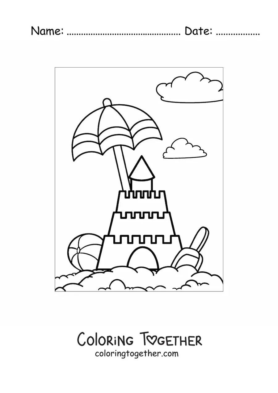 Coloring page of a sandcastle on the beach