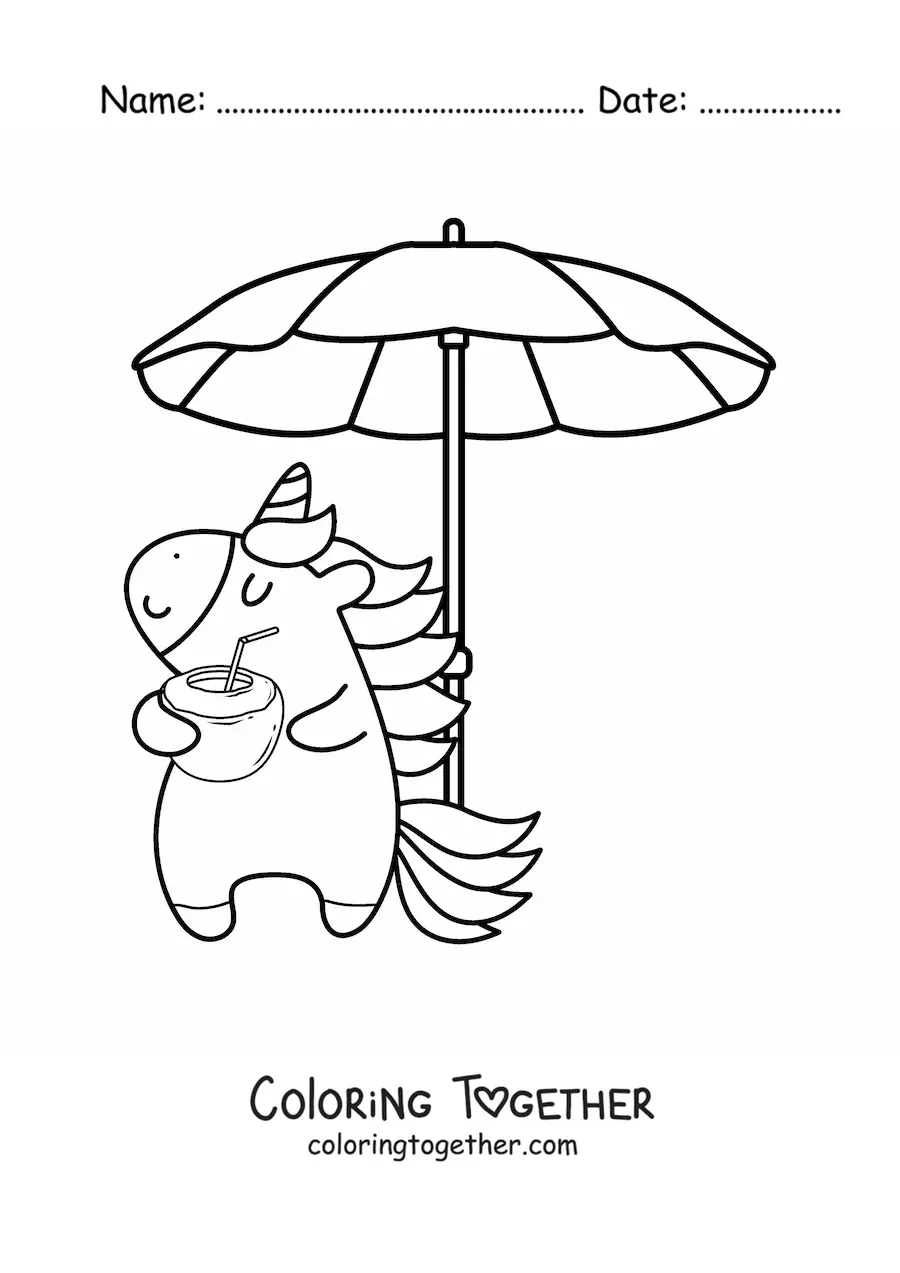 Coloring page of an animated unicorn under a beach umbrella