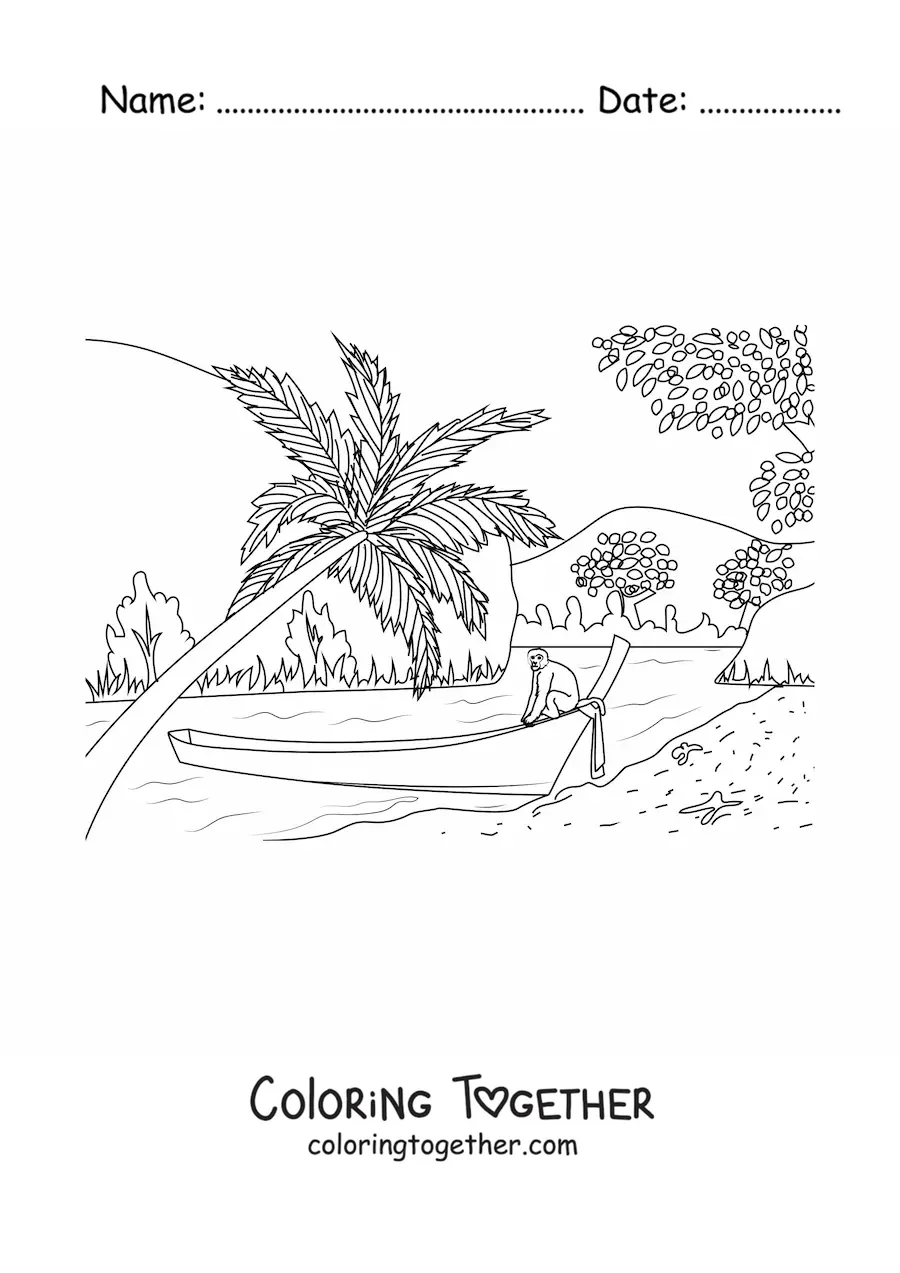 Coloring page of a tropical bay with palm trees