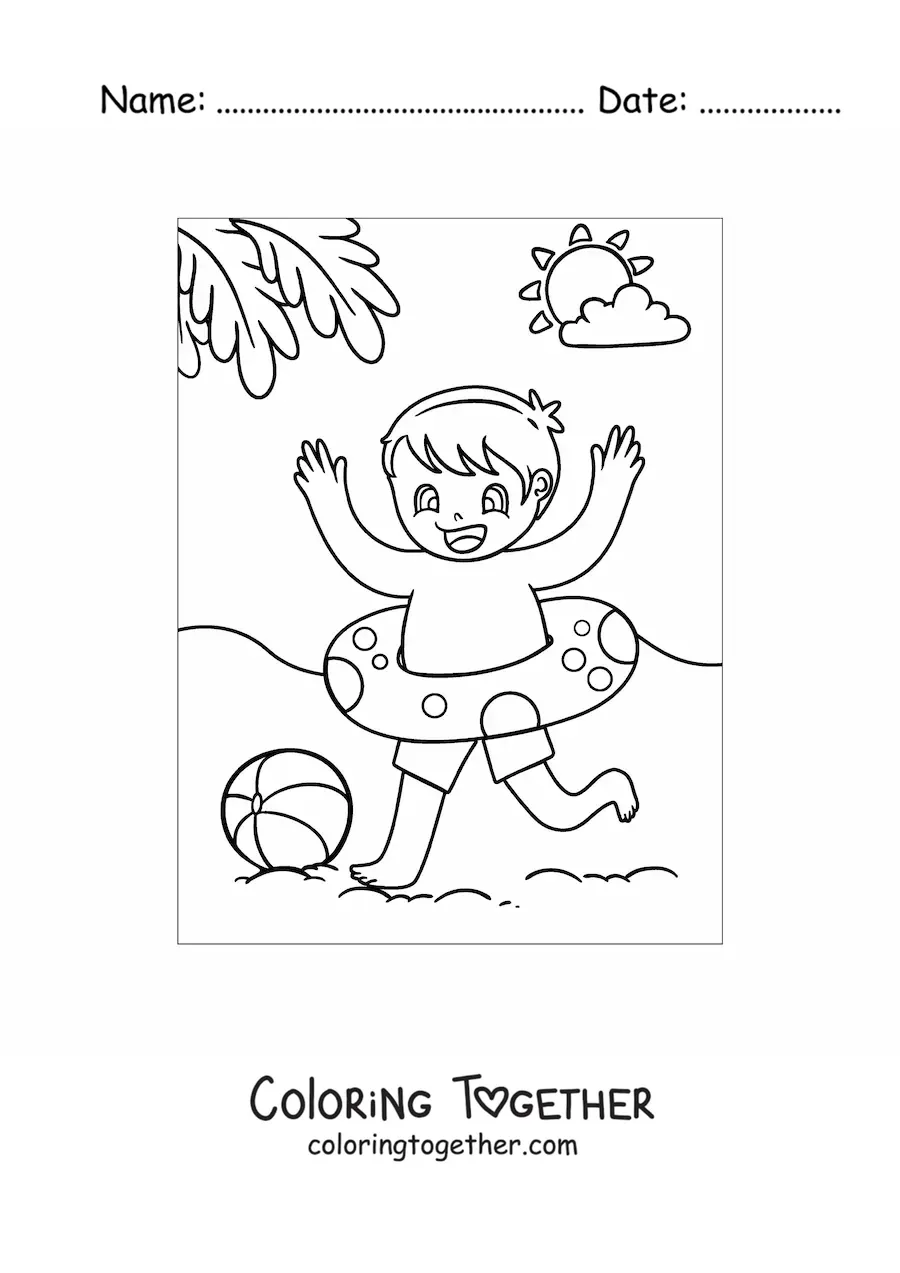 Coloring page of a boy playing on the beach with a ball and a life ring