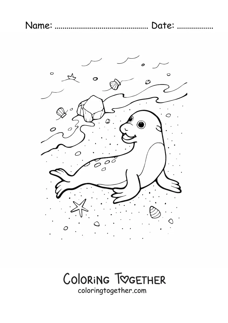 Coloring page of a seal on the beach shore