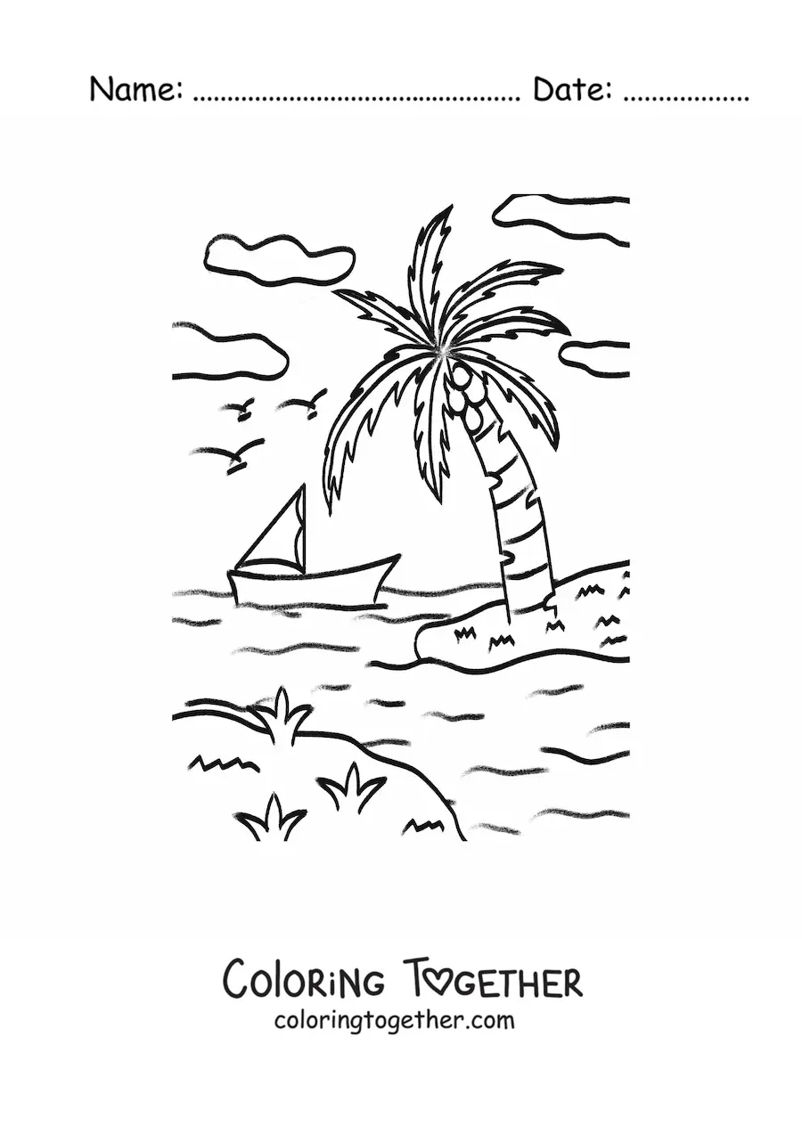 Coloring page of a sailboat on the beach
