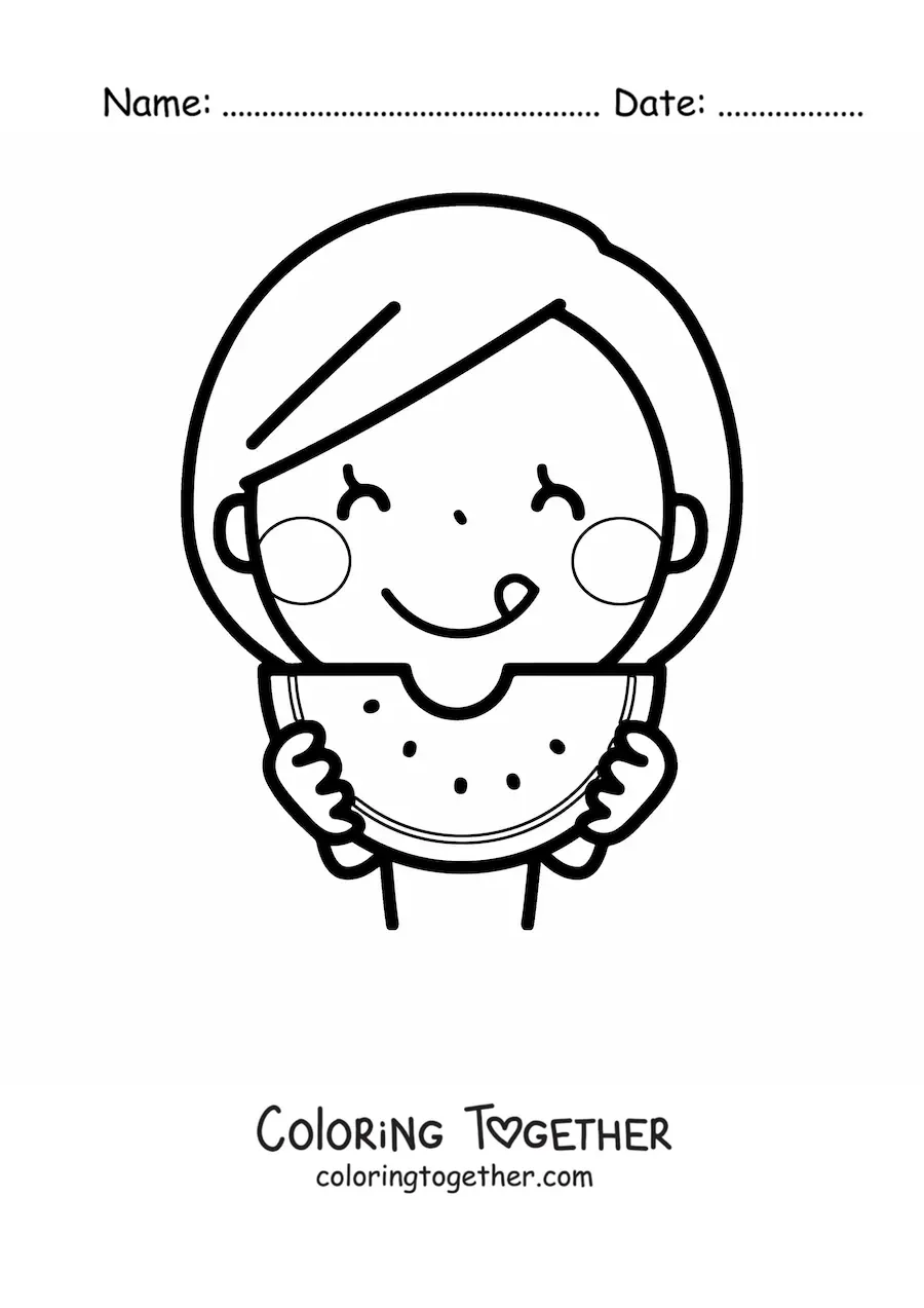 Coloring page of a girl eating a watermelon with both hands