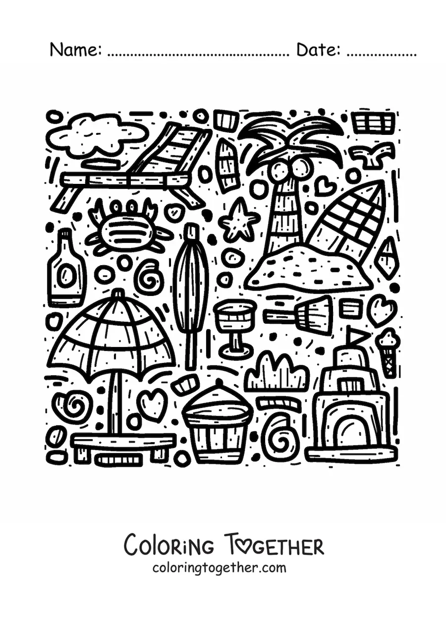 Coloring page of toys, accessories, plants, animals and beach gear