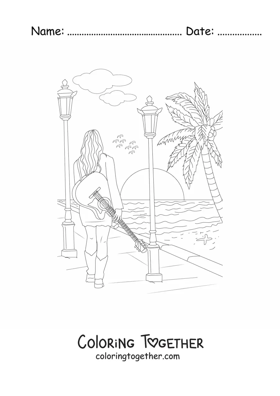 Coloring page of a girl taking a walk along the beach