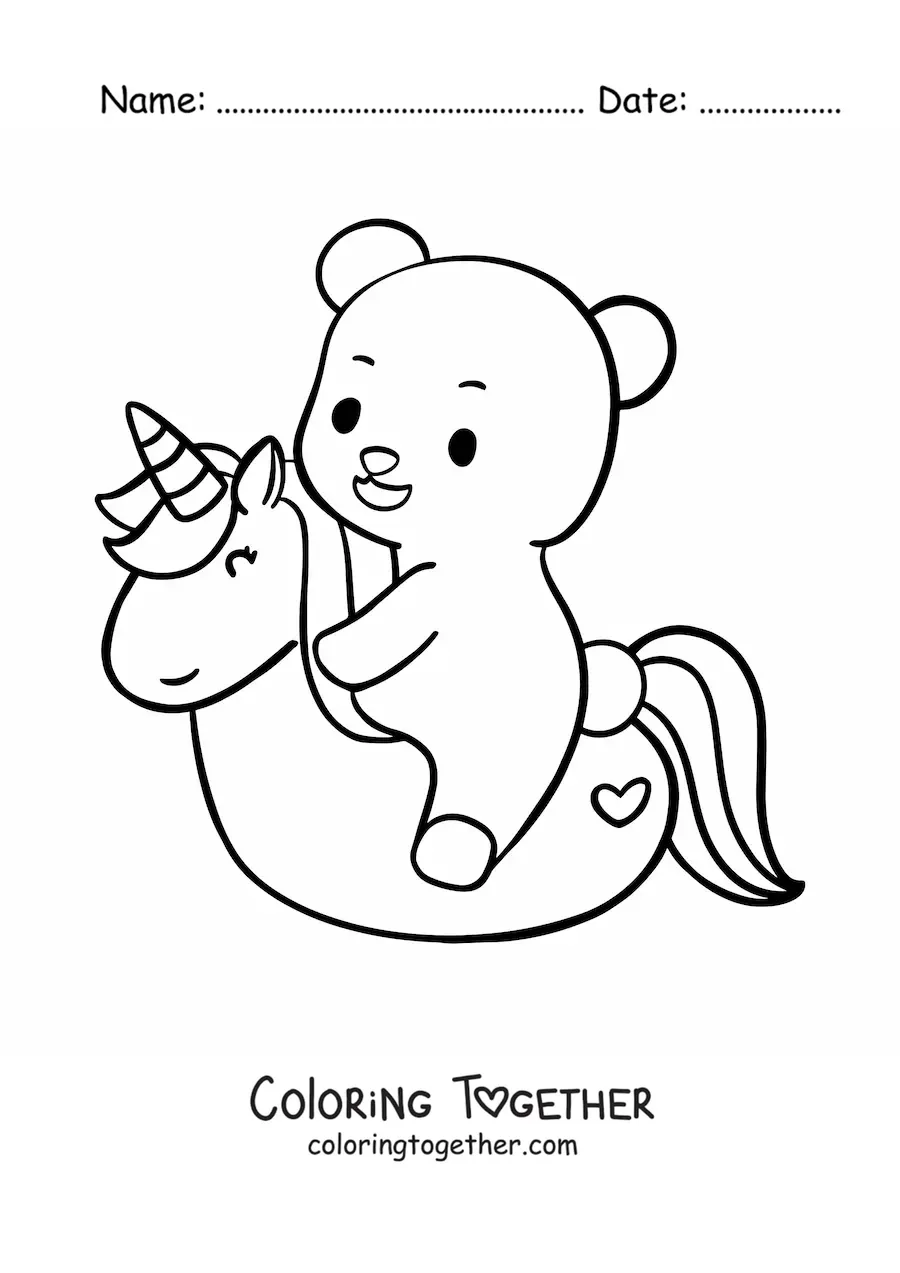 Coloring page of a kawaii bear on a unicorn-shaped float