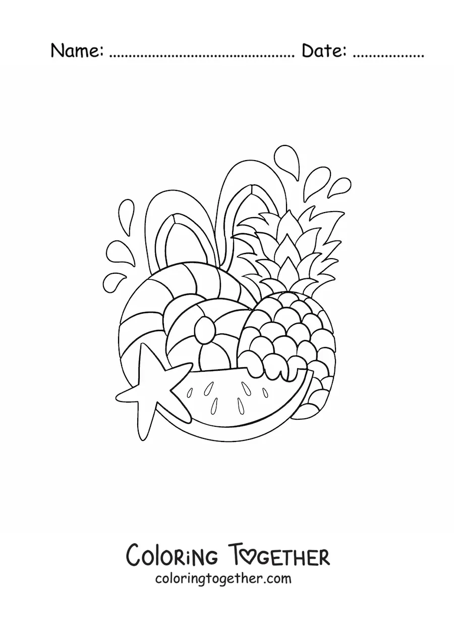 Coloring page of various fruits and beach accessories