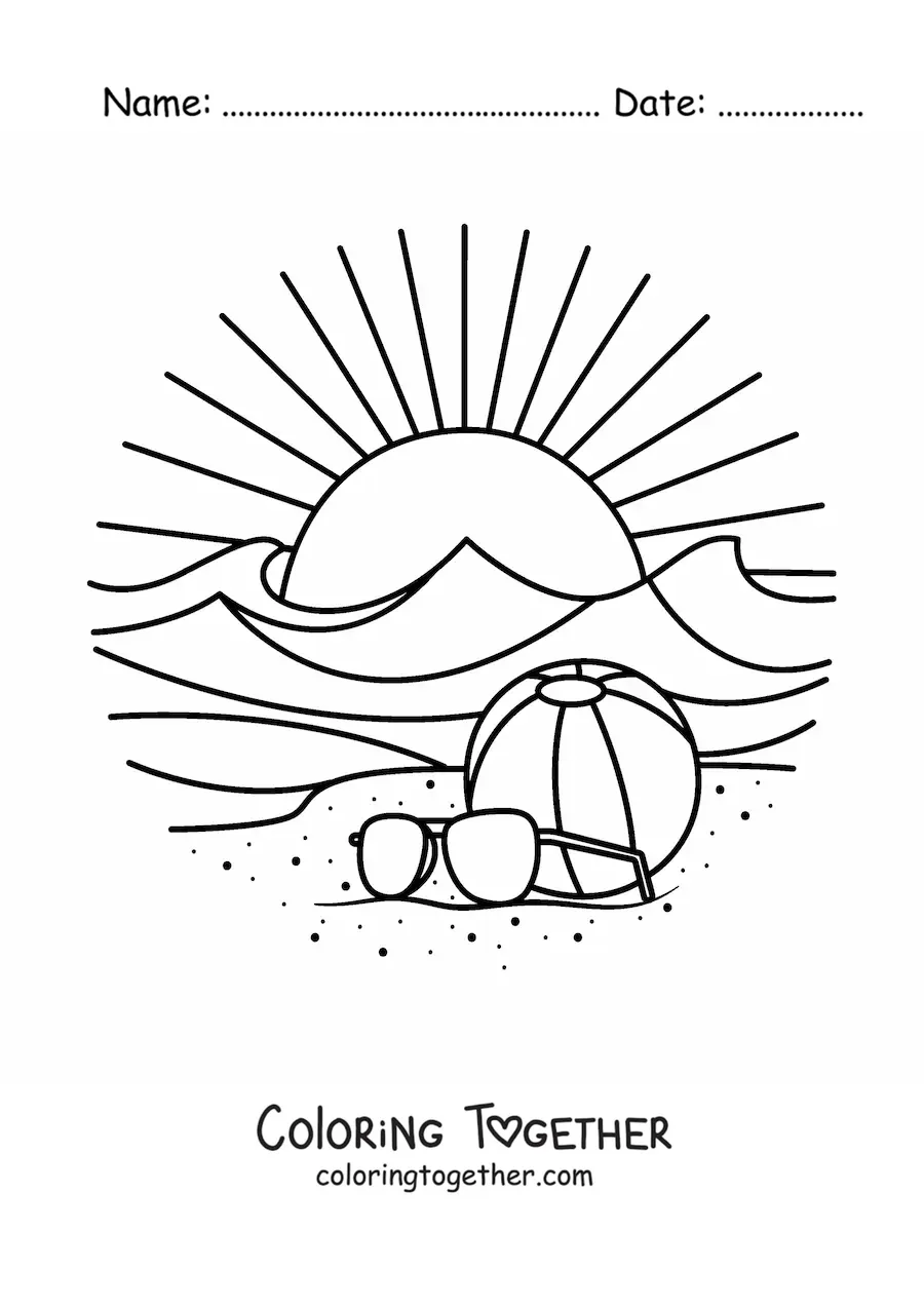 Coloring page of a sunset on the beach with a ball in the sand