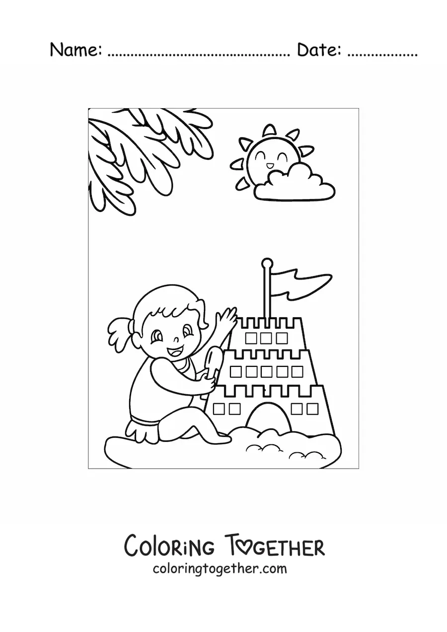 Coloring page of a girl playing with a sandcastle