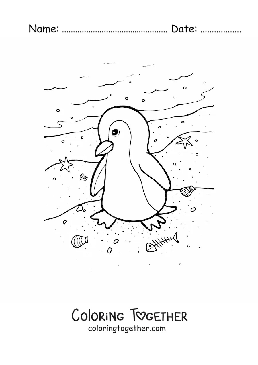 Coloring page of a penguin on the beach shore