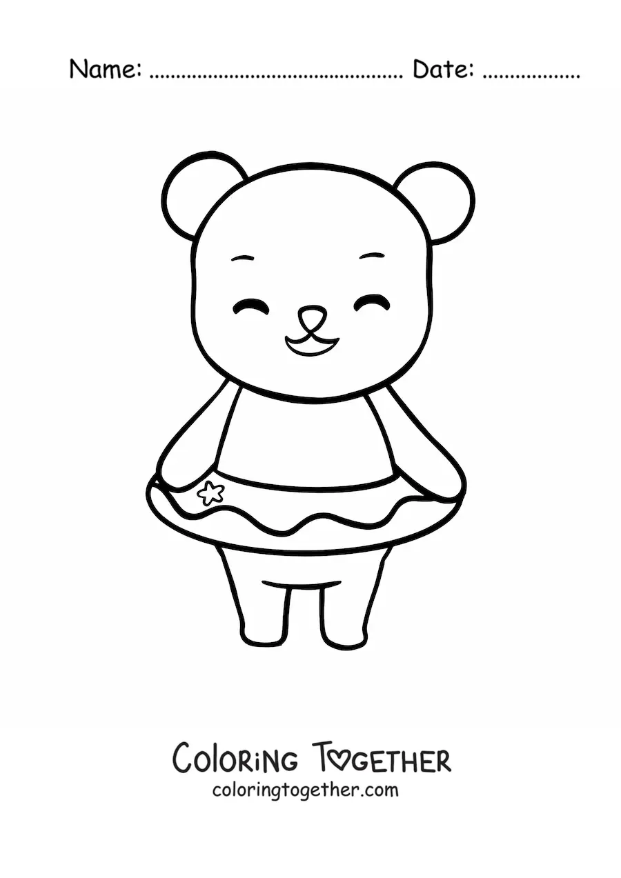 Coloring page of a smiling kawaii bear using a life ring