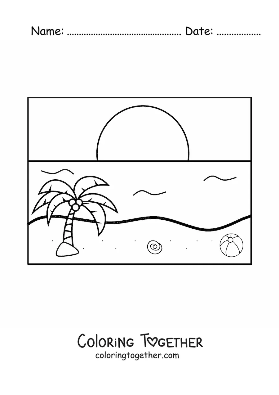 Coloring page of a sunset over the sea