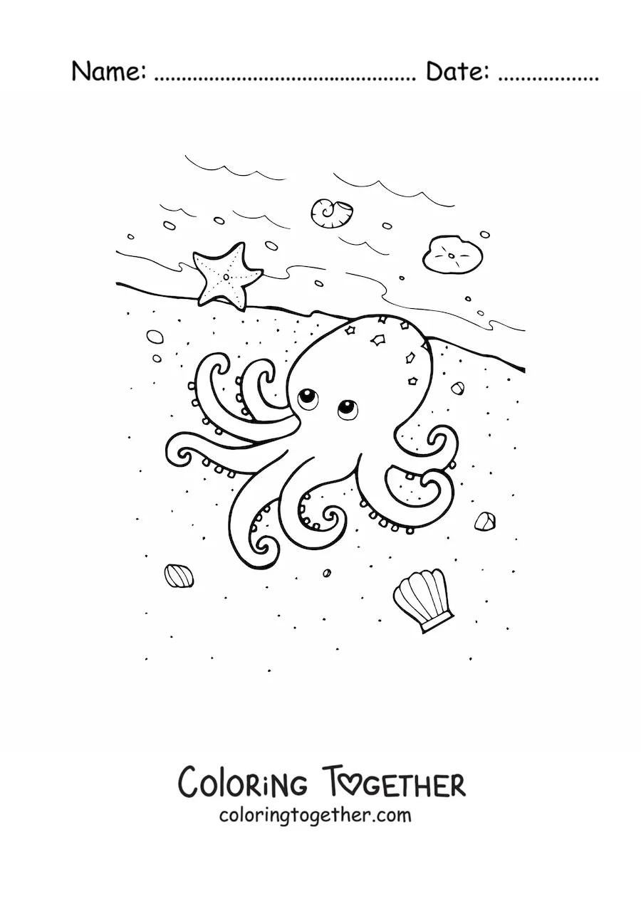 Coloring page of an octopus on the seashore