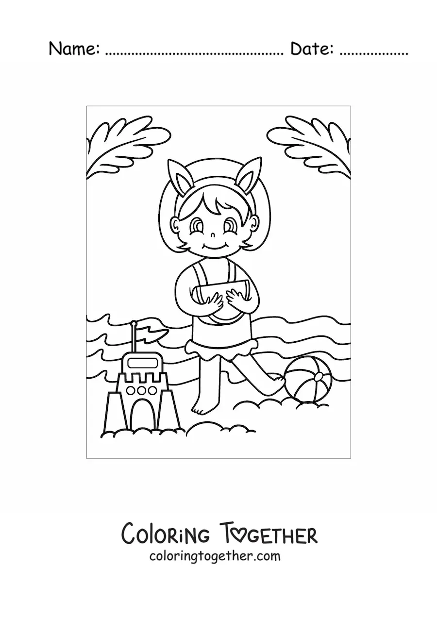 Coloring page of a girl eating watermelon next to a sandcastle on the beach