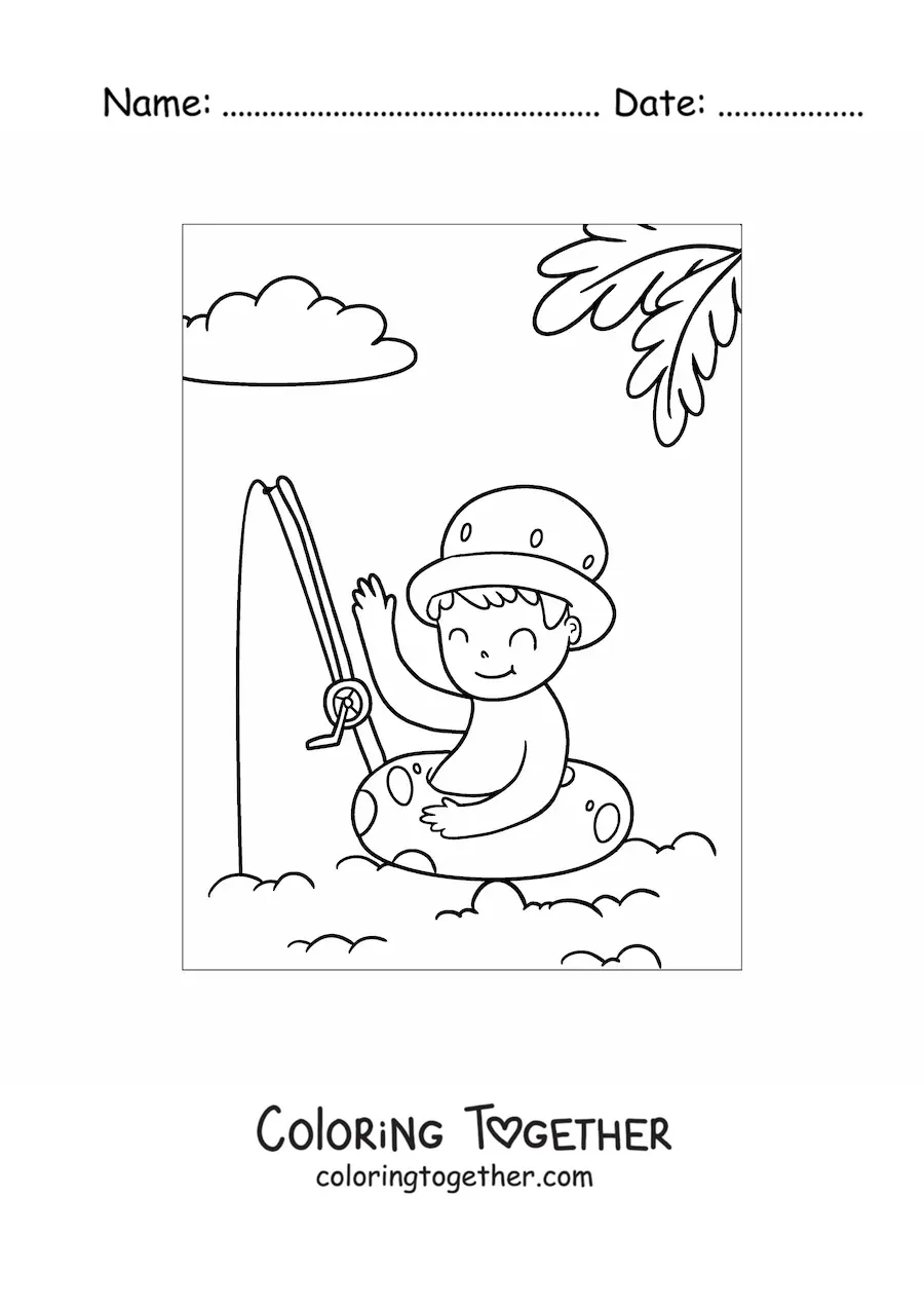 Coloring page of a boy fishing in the sea while using a life ring
