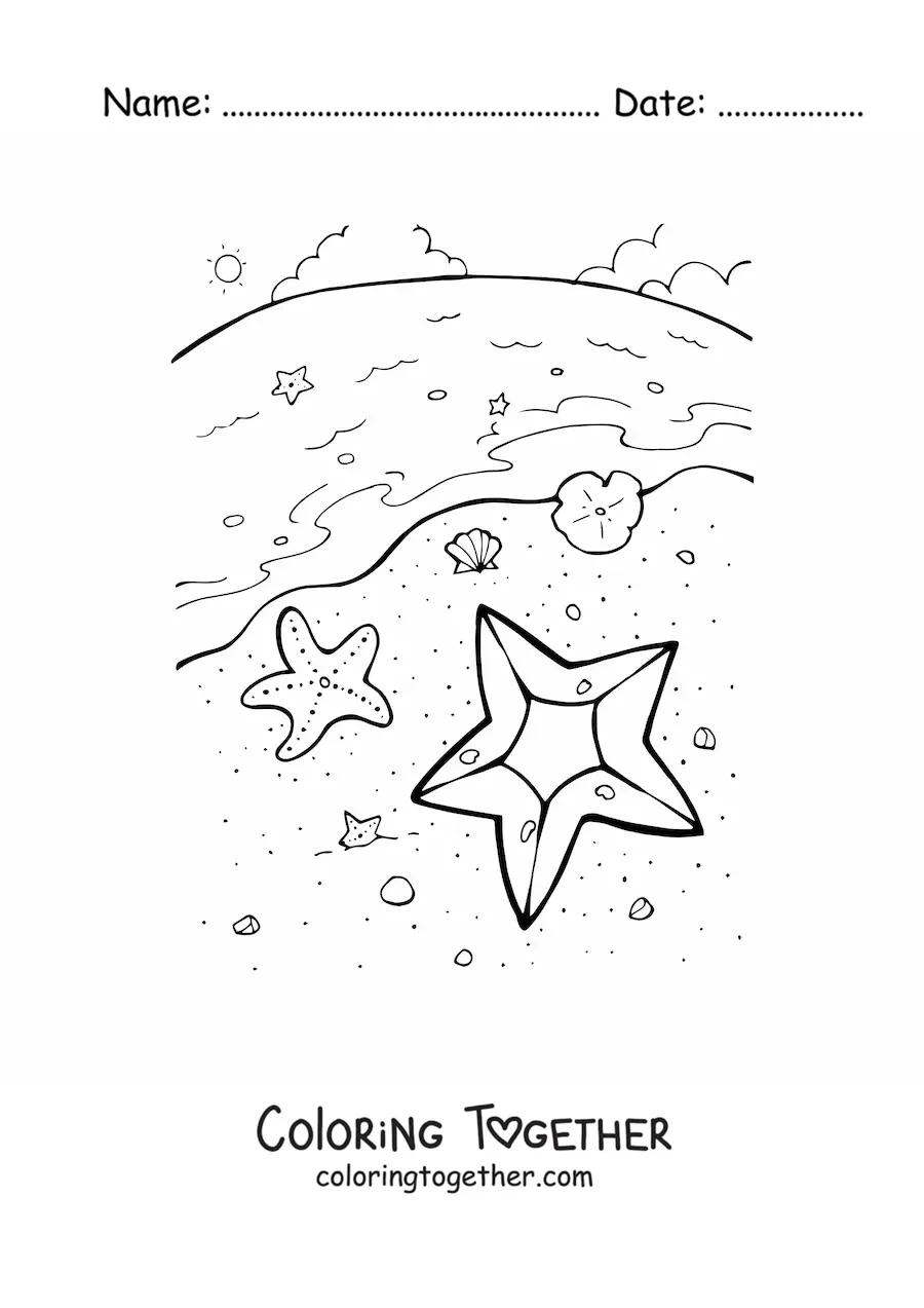Coloring page of several starfish on the beach shore