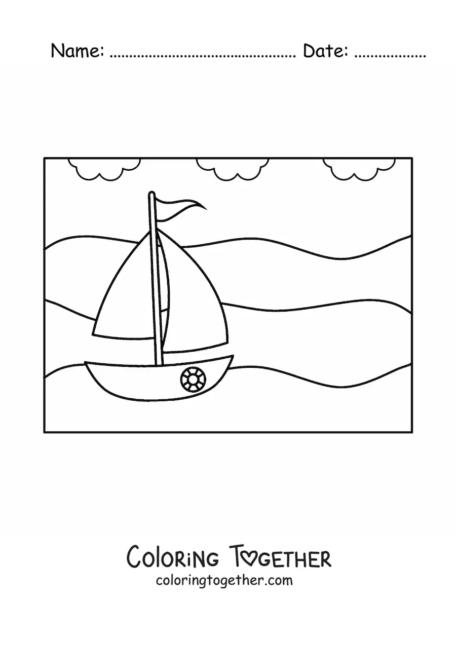 Coloring page of a boat on the beach