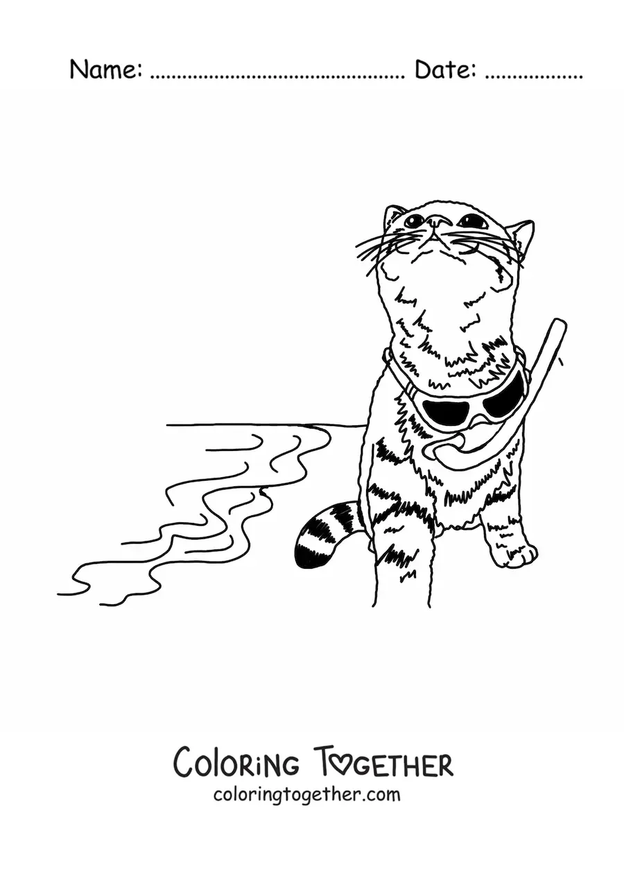 Coloring page of a realistic cat wearing sunglasses on the beach